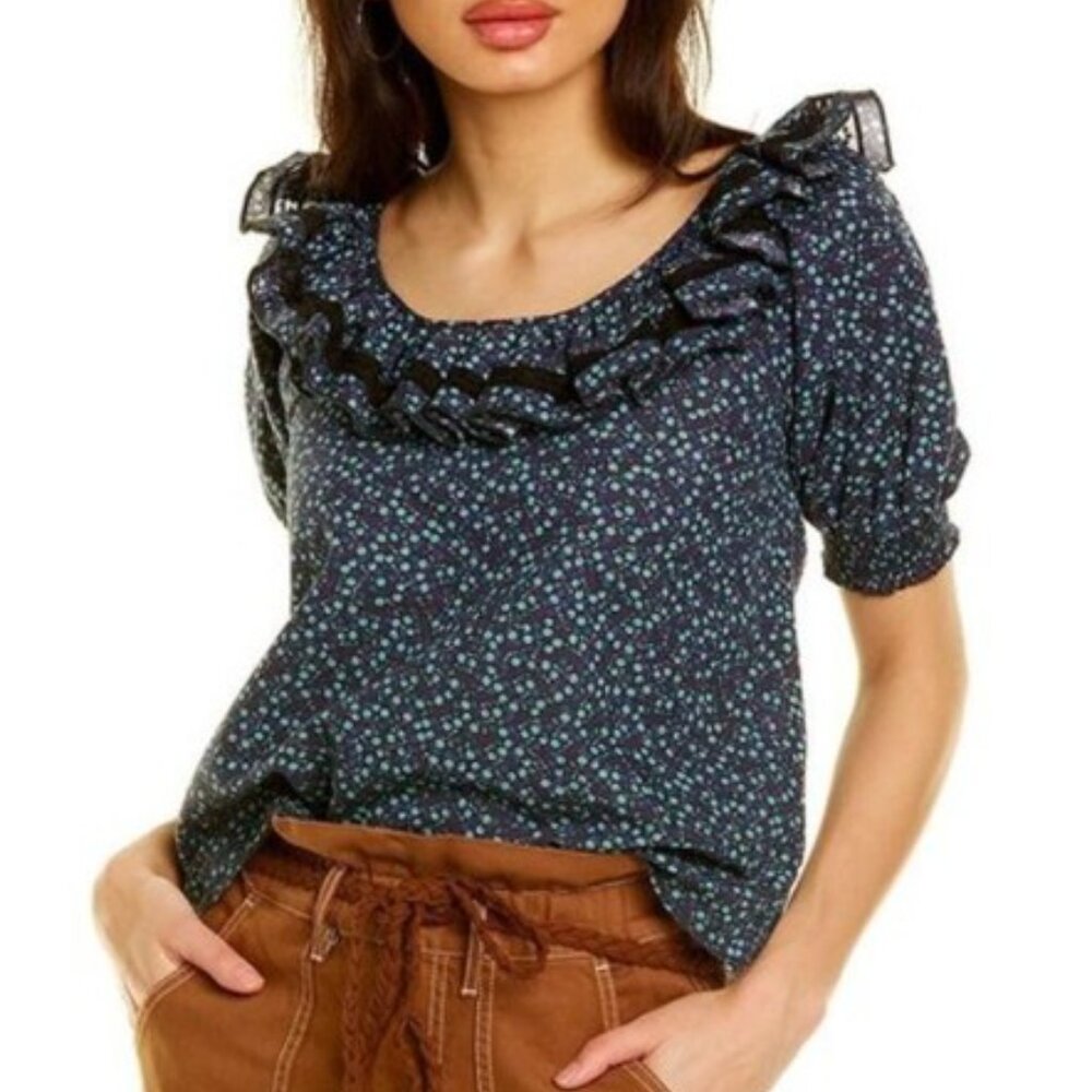 Something Navy Top Womens S‎ Blue Kira Scoop Neck Blouse Linen Blend Floral